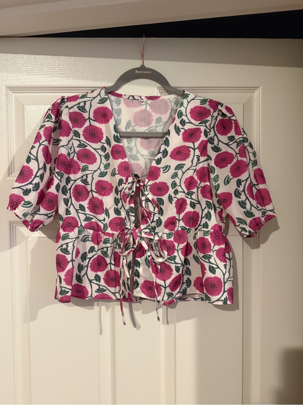 Amazon Pink Floral Tie-Front Peplum Blouse on White